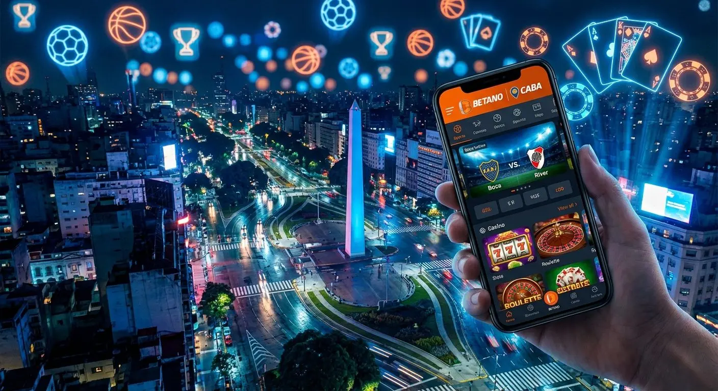 Interfaz móvil de Betano CABA mostrando apuestas y casino sobre fondo nocturno de Buenos Aires
