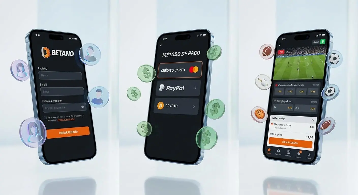 Secuencia de registro, pago y apuesta en app Betano PBA