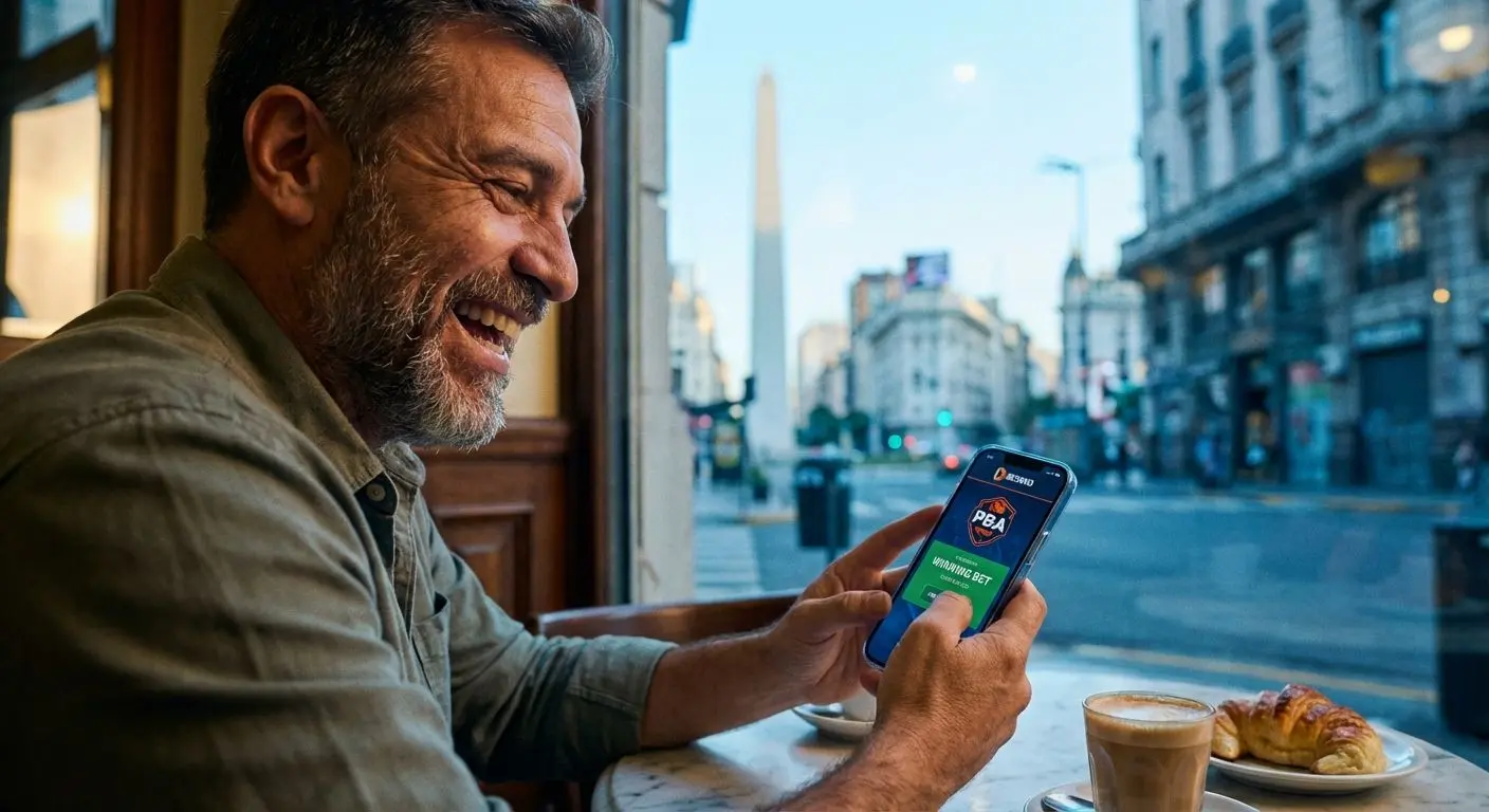 Apostador bonaerense usando la app Betano PBA en un café de Buenos Aires