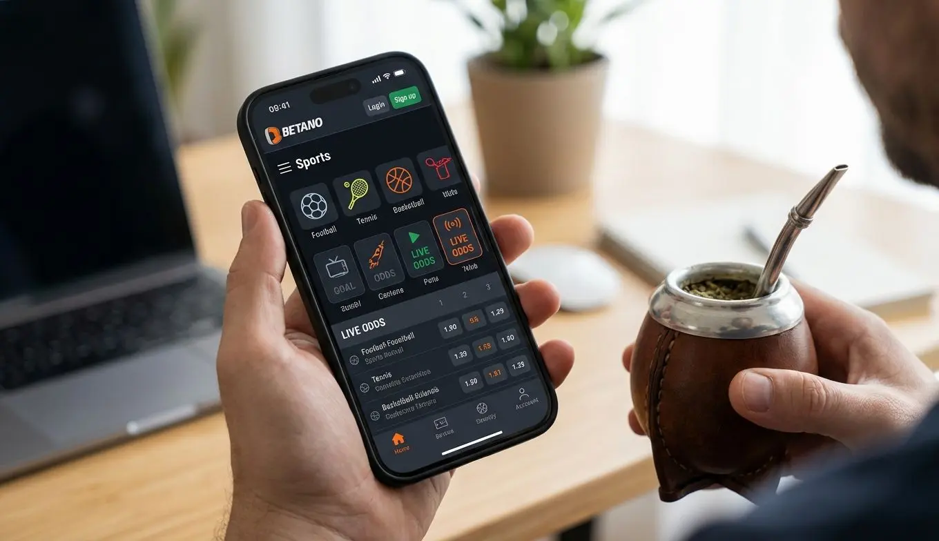 Interfaz de la app de apuestas Betano en un smartphone, deportes populares y cuotas visibles