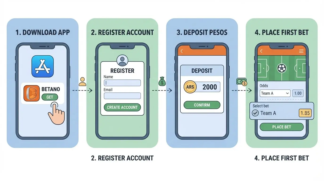 Tutorial visual para empezar a apostar con la app Betano en Argentina, paso a paso