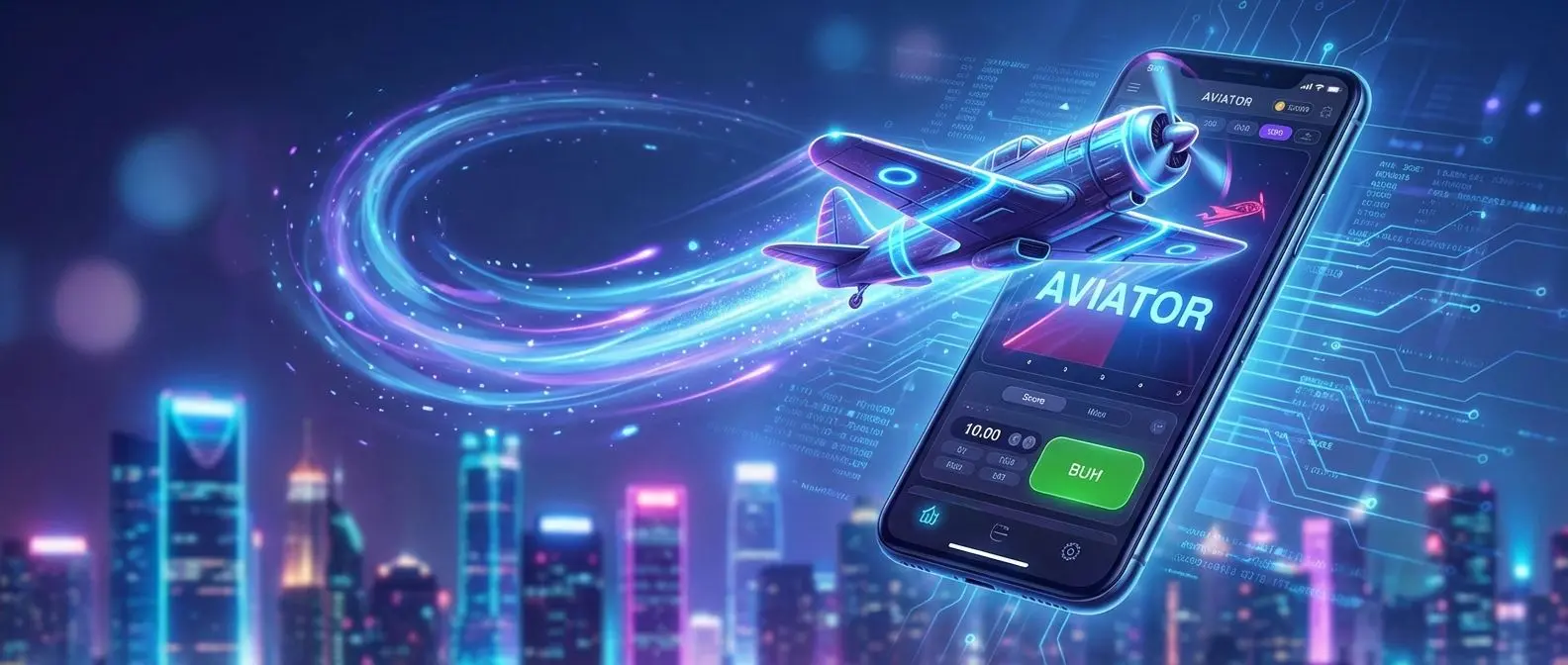 Avión de Aviator despegando de un móvil con interfaz digital, ciudad al fondo.