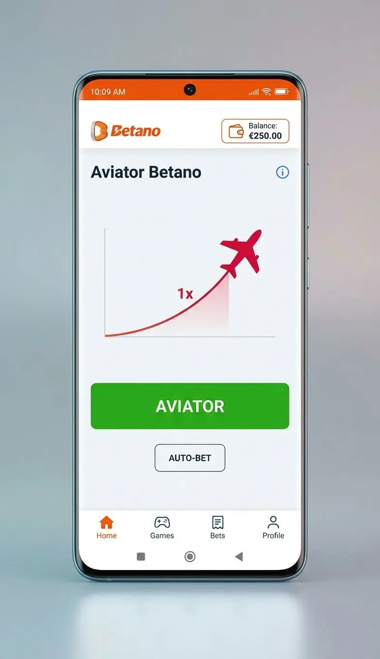 Interfaz principal de la app Aviator Betano en un móvil Android.