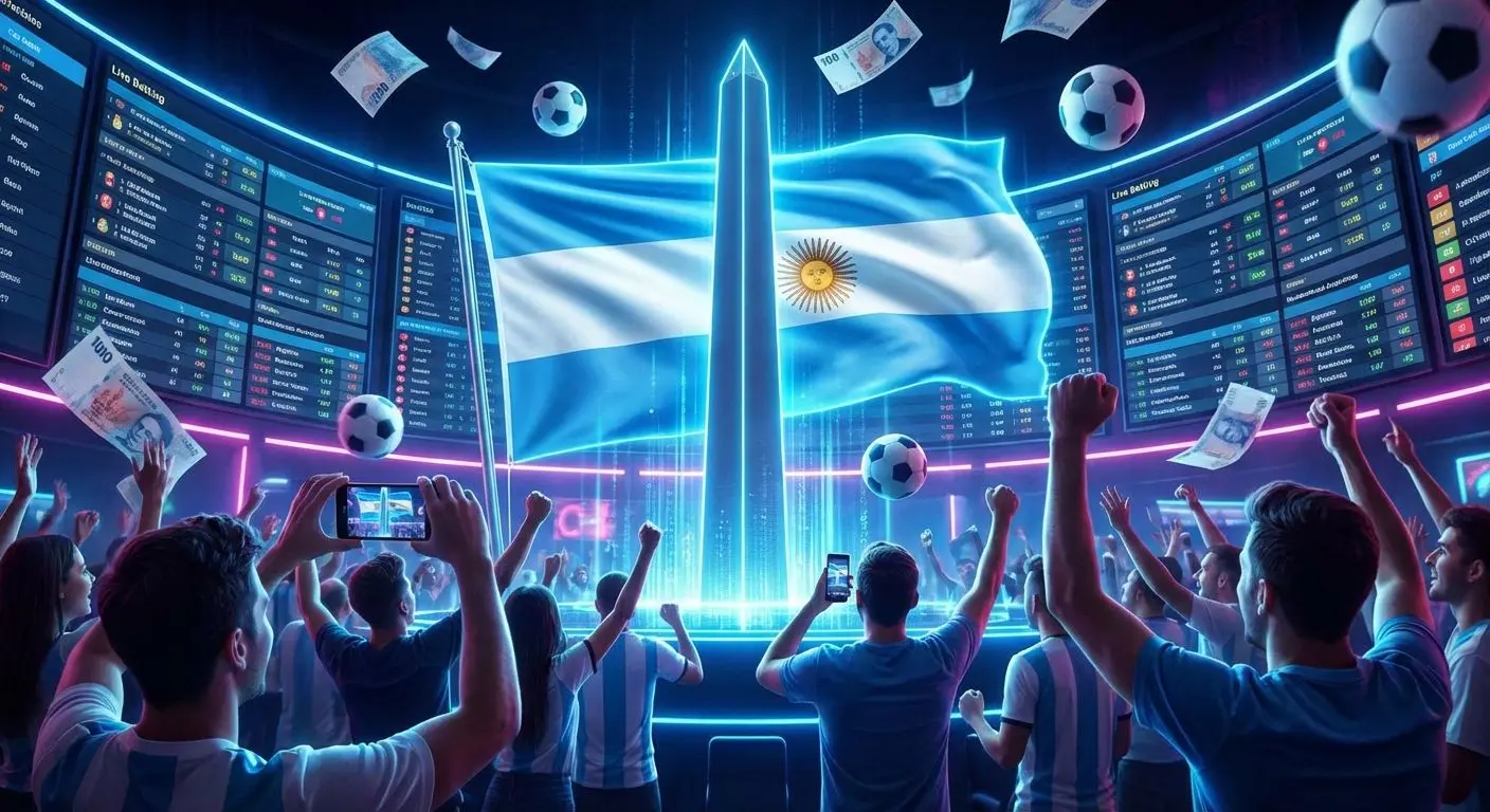 Banner de apuestas deportivas online con símbolos de Argentina y billetes de pesos