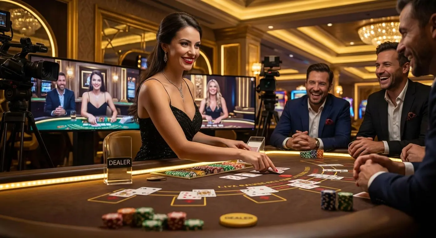 Mesa de casino en vivo con crupier y jugadores interactuando en Betano