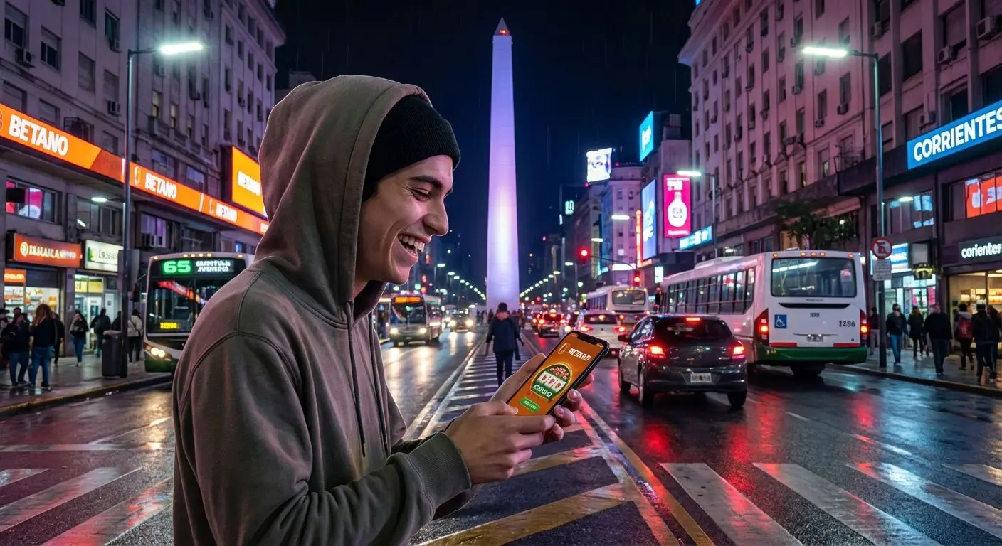 Jugador argentino usando Betano casino móvil en Buenos Aires de noche