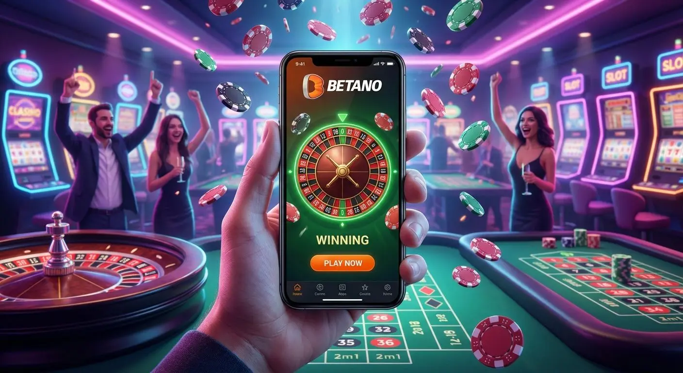 Jugador argentino usando app casino Betano online en el móvil con fondo de casino digital.