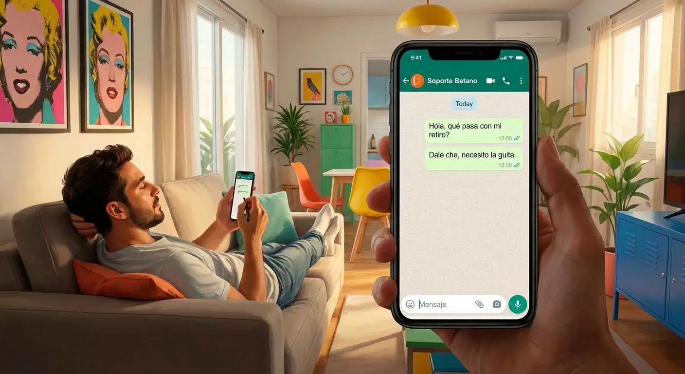 Usuario contactando a Betano por WhatsApp desde su móvil