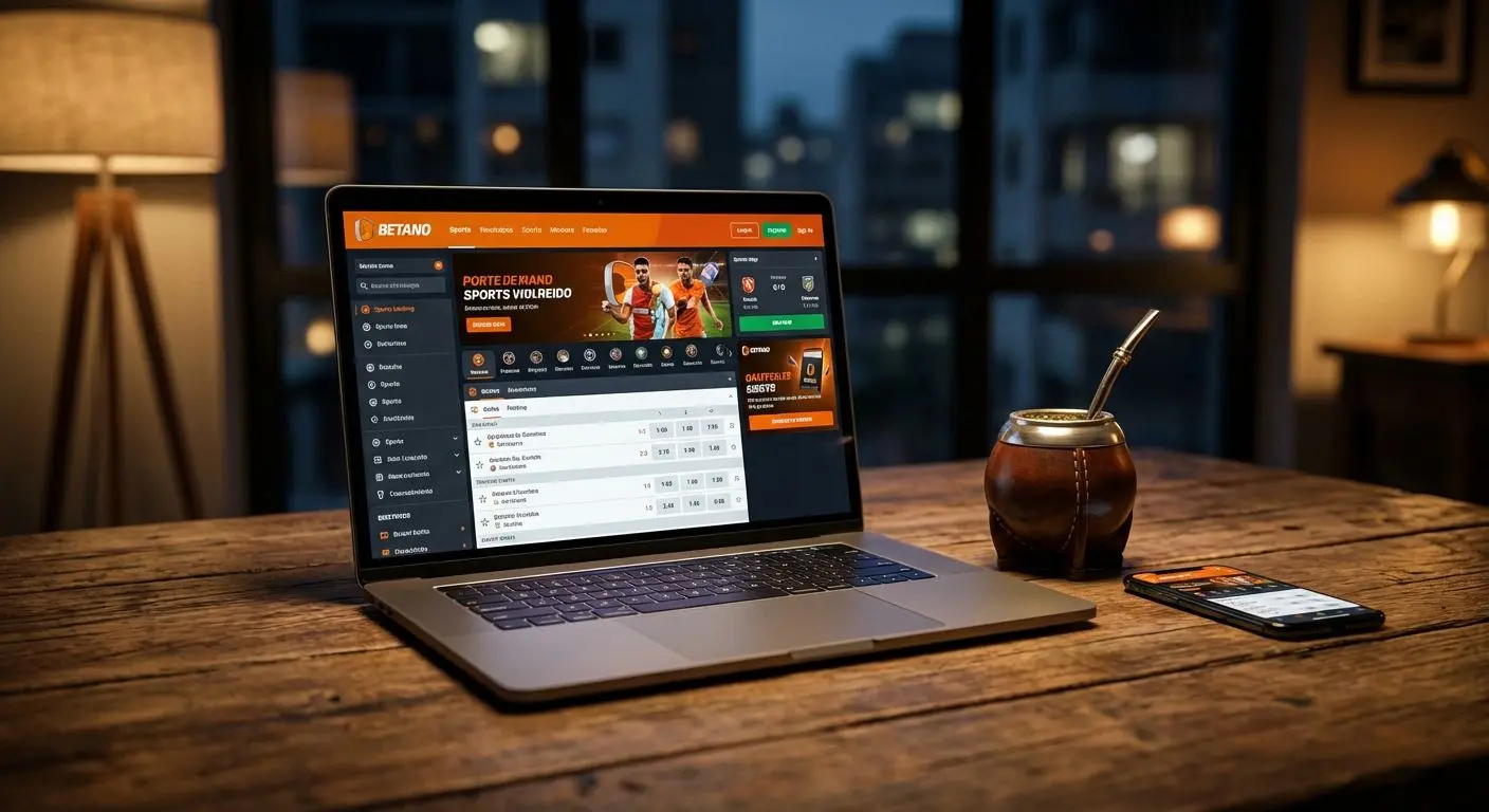 Laptop con plataforma de apuestas Betano y mate argentino en una mesa, fondo nocturno.
