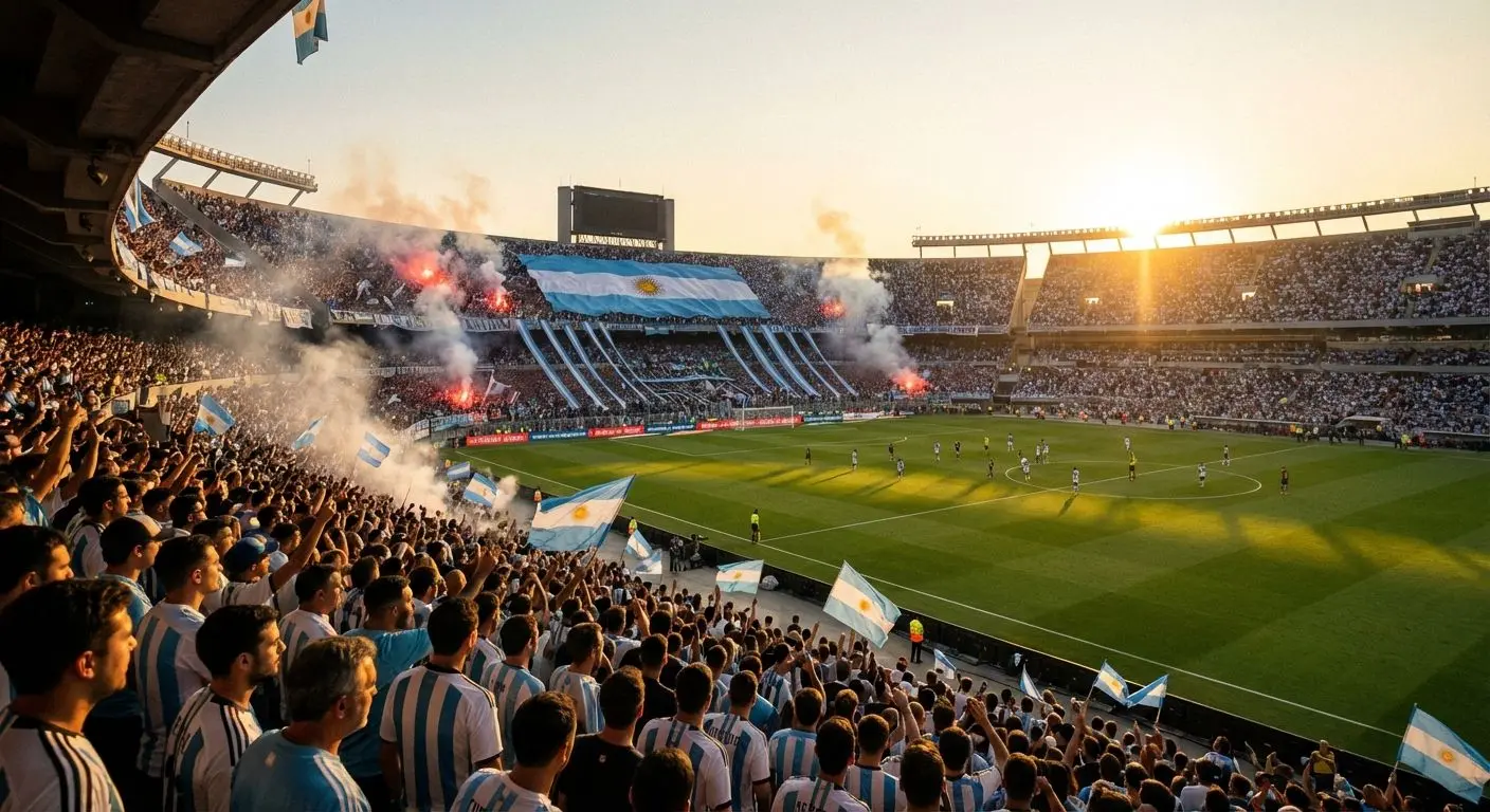 Vista panorámica de partido de fútbol argentino con hinchas en las gradas y ambiente festivo