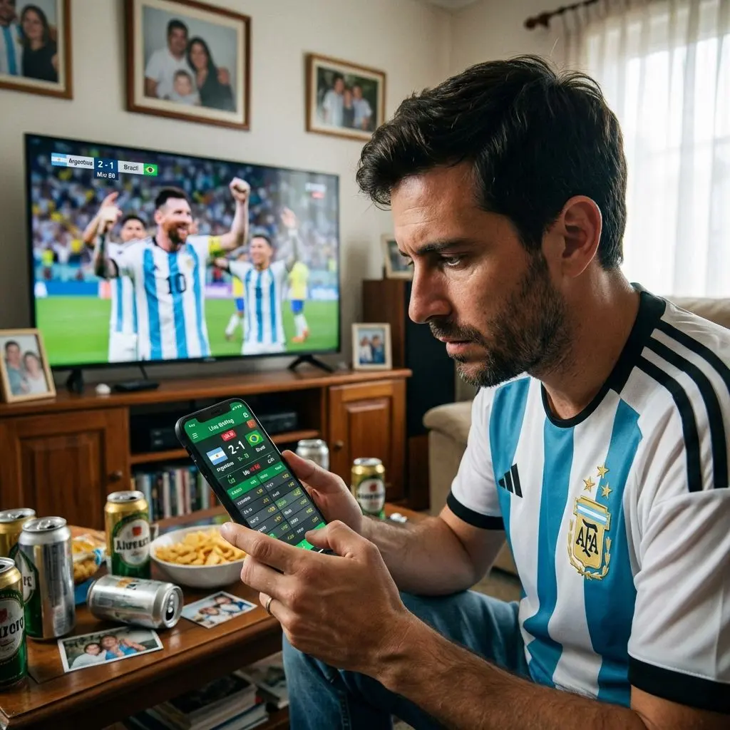 Apuesta en vivo desde la app Betano mientras mira f&uacute;tbol en casa.
