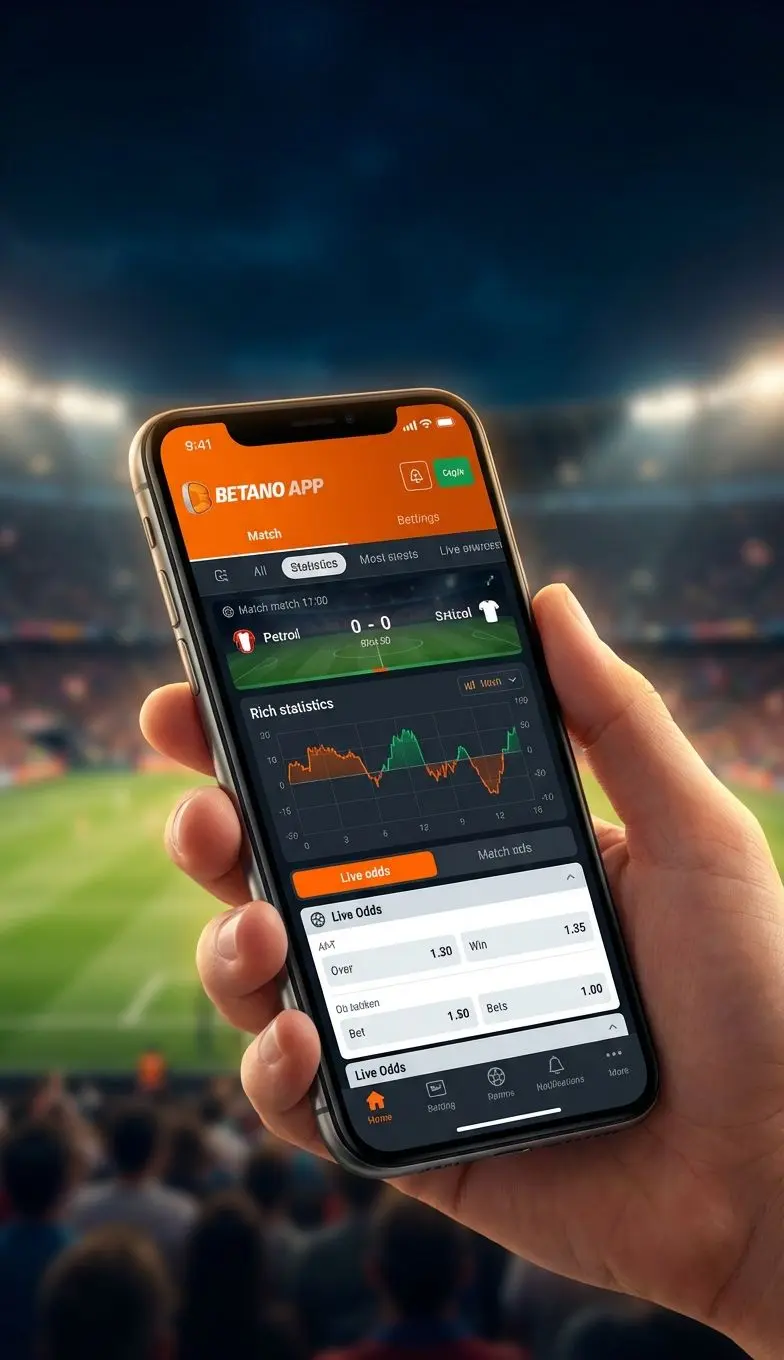 Interfaz de Betano App mostrando apuestas en vivo y estad&iacute;sticas en un m&oacute;vil.