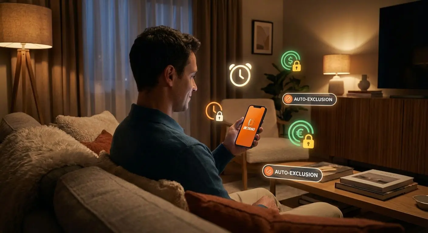 Persona usando la app de Betano responsablemente en un ambiente seguro y relajado