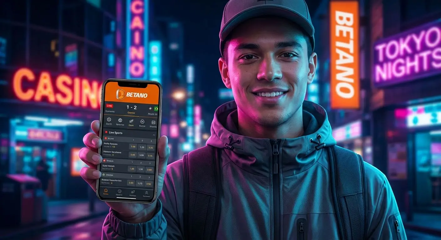 Usuario accediendo a la app de Betano desde su celular en un entorno urbano nocturno