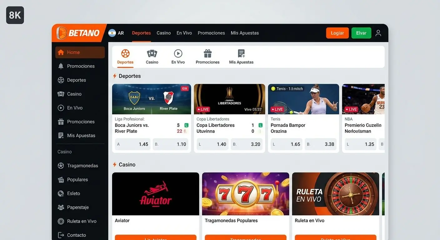 Interfaz de la app Betano mostrando juegos y apuestas deportivas en español