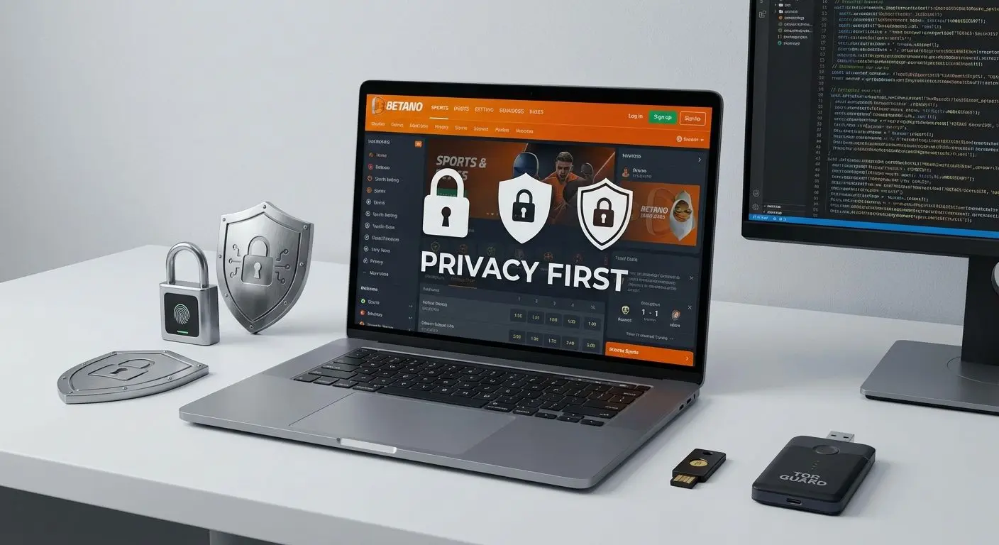 Banner sobre privacidad en Betano y su política de cookies con laptop y candado moderno.