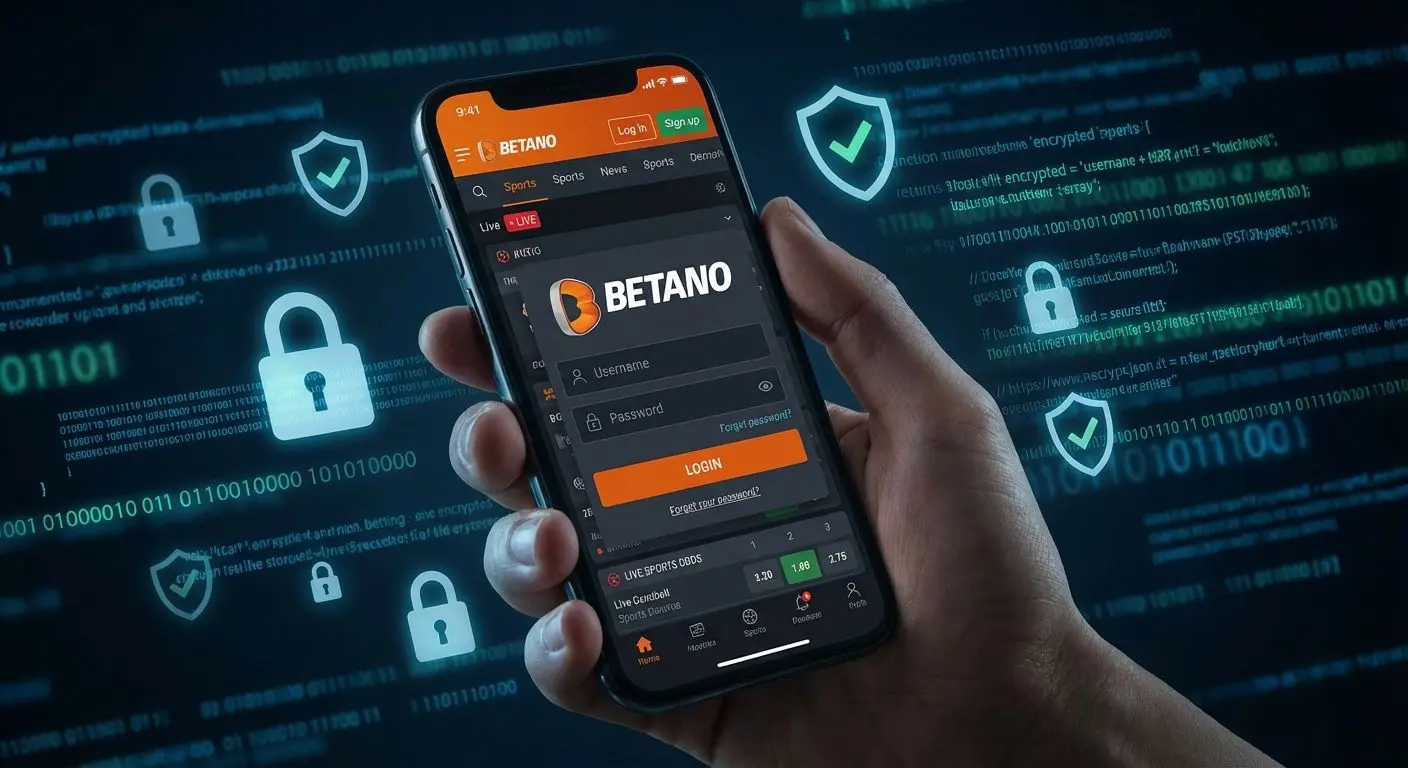 Banner que muestra app Betano y símbolos de seguridad digital, resaltando protección de datos y privacidad