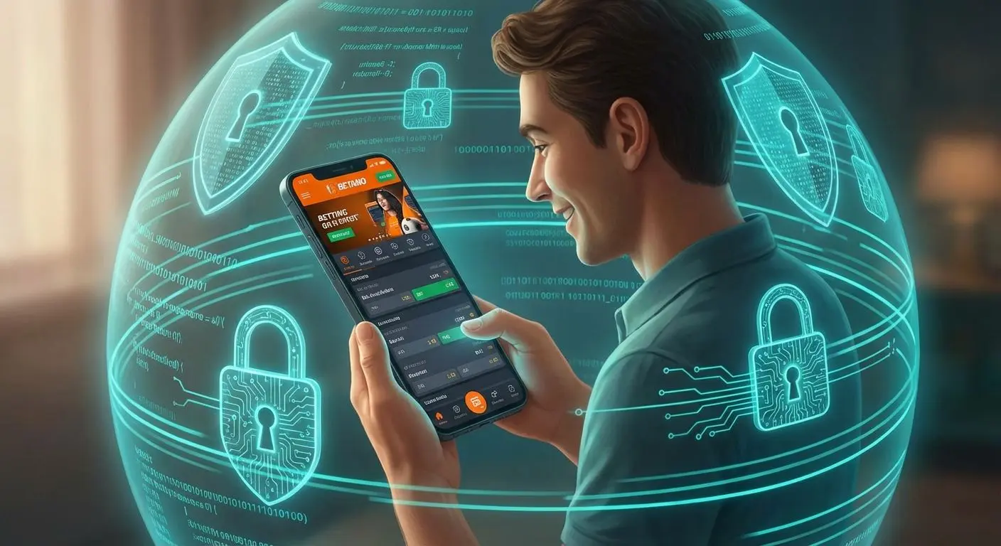 Usuario en la app Betano con elementos visuales de seguridad y protección de datos personales