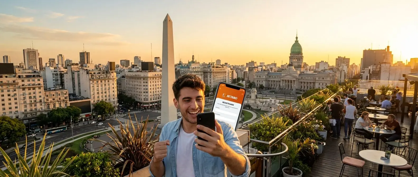 Persona argentina registrándose en Betano desde su móvil con fondo de ciudad de Buenos Aires