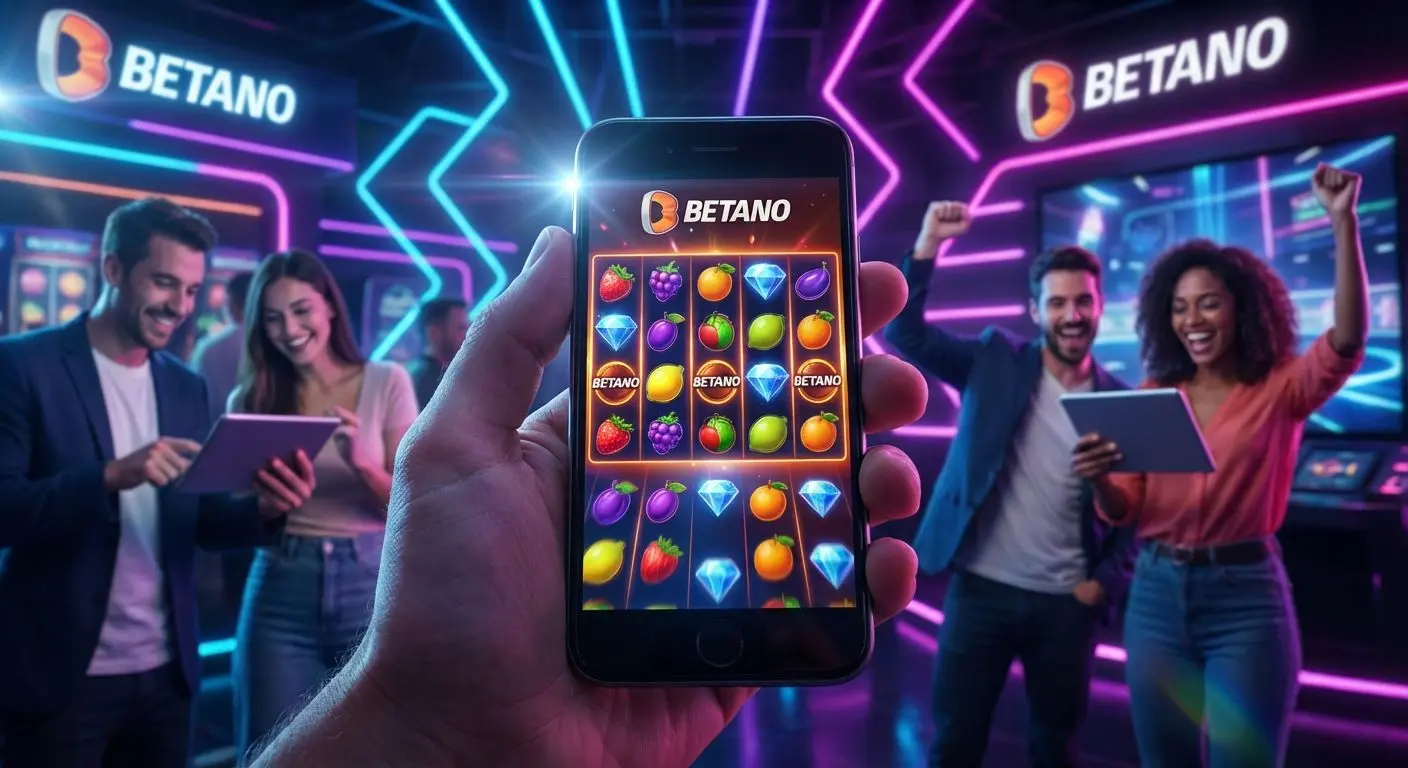 Personas jugando a slots de Betano en celular con luces neón de casino al fondo