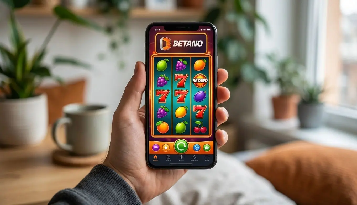 Celular mostrando interfaz de Betano Slots y opciones de juego en pantalla